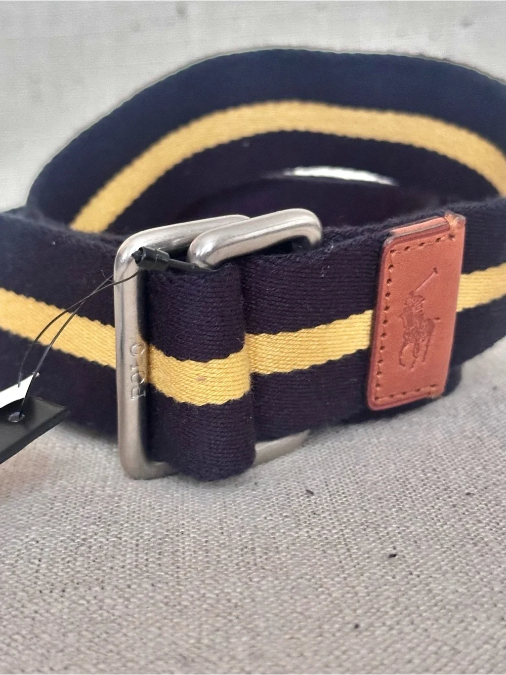 Polo Ralph Lauren Men's New Leather Trim Striped Belt Yellow Gold/Refined Navy